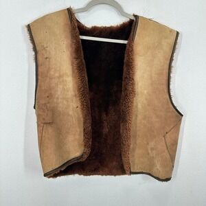 Vintage Handcrafted Mens‎ Shearling Sheepskin Vest Brown Suede Lined Outerwear